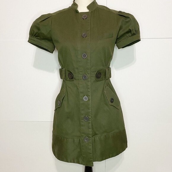 Jill Jill Stuart Short Sleeve Button Down Dress Size 6 Olive Green Lined Stretch - Picture 1 of 8